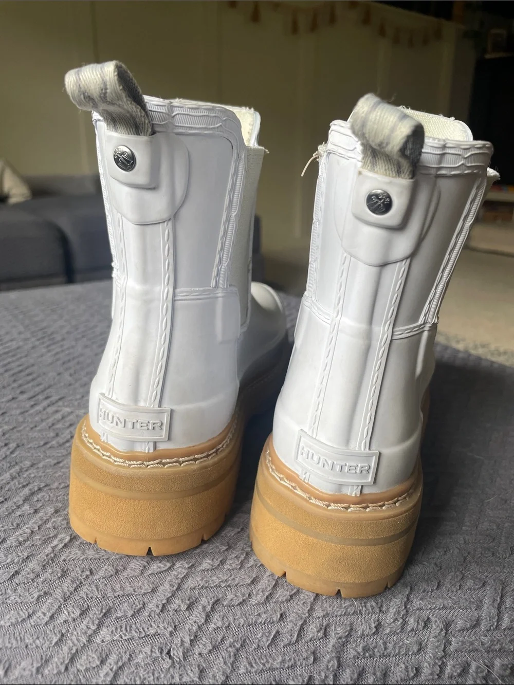 Hunter White Chelsea Rain Boots with Tan Lug Sole
